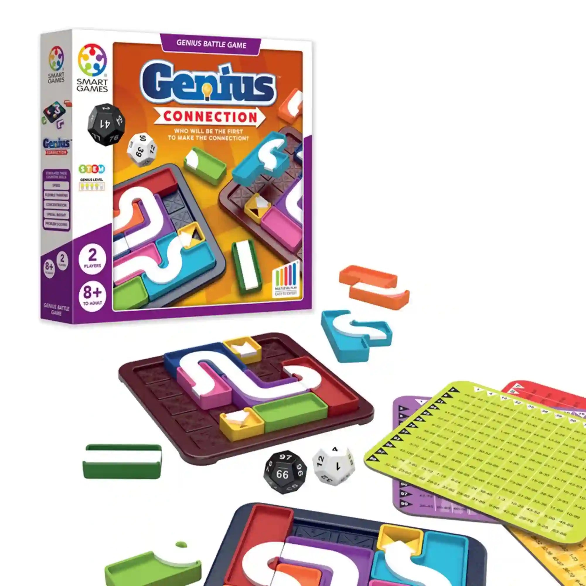 Smart Games Genius Connection logikai játék doboza, játéktáblái, színes elemei, dobókockái és feladatlapjai.