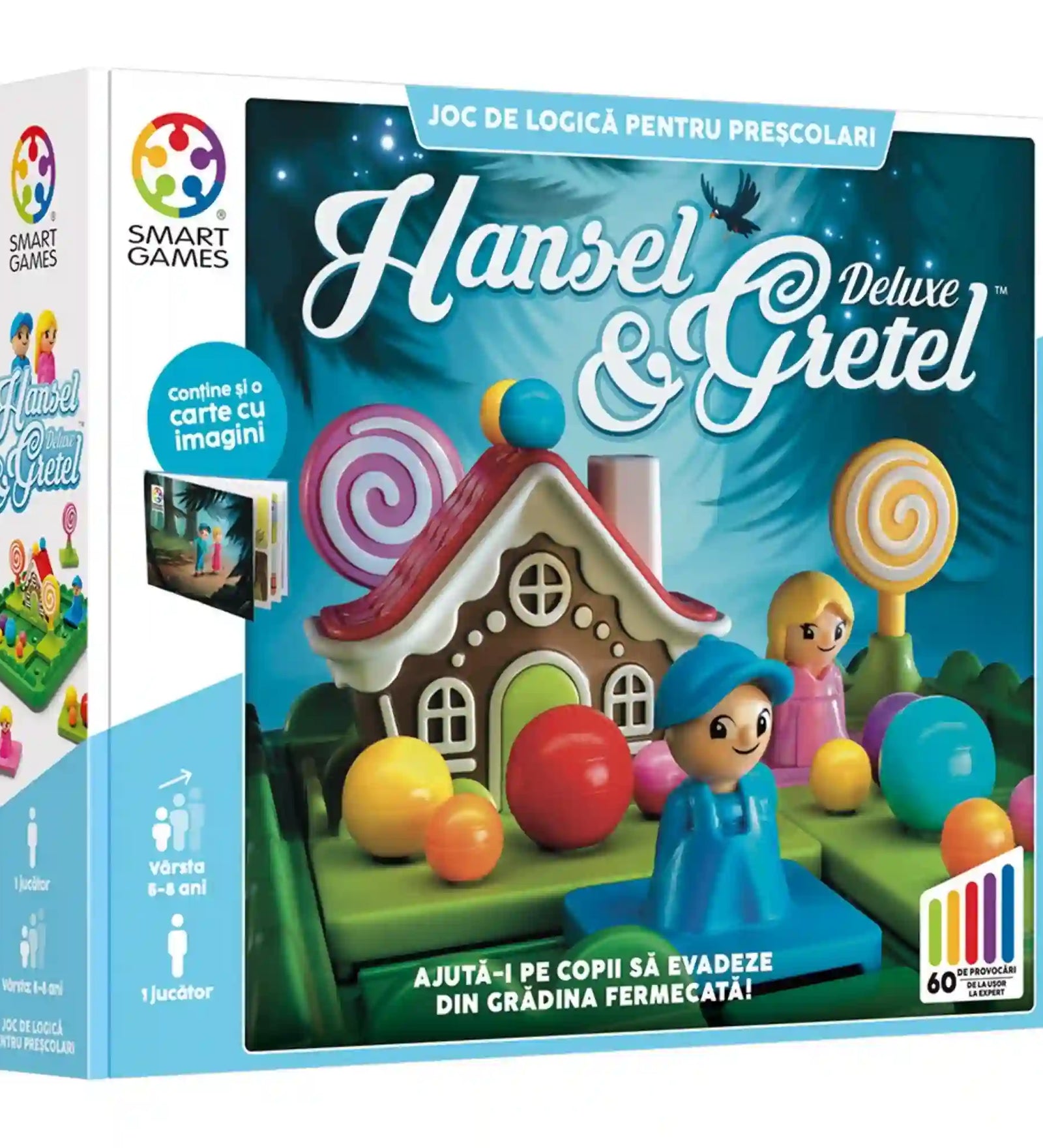 Smart Games Hansel & Gretel Deluxe logikai játék doboza a mesebeli játéktáblával és Hansel, valamint Gretel figuráival.