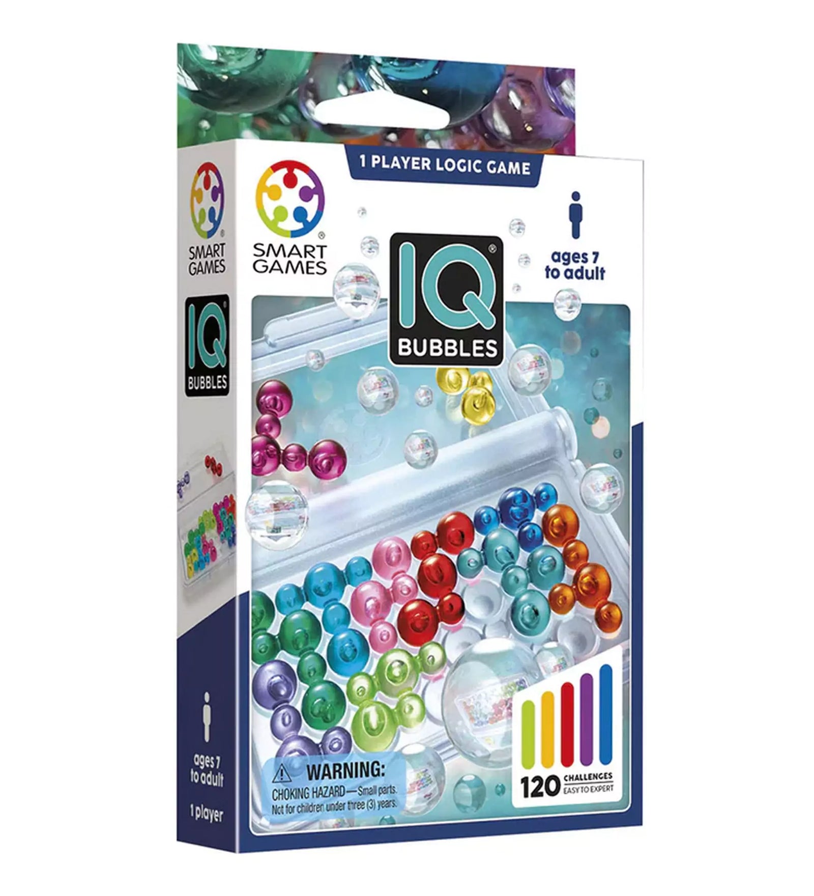 A Smart Games IQ Bubbles logikai játék doboza, amely egyedül játszható és 120 kihívást tartalmaz. A csomagoláson színes buborék alakú elemek láthatók.