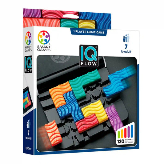 Smart Games IQ Flow logikai játék doboza színes hullámmintás puzzle elemekkel és egyszemélyes kihívásokkal 7 éves kortól.