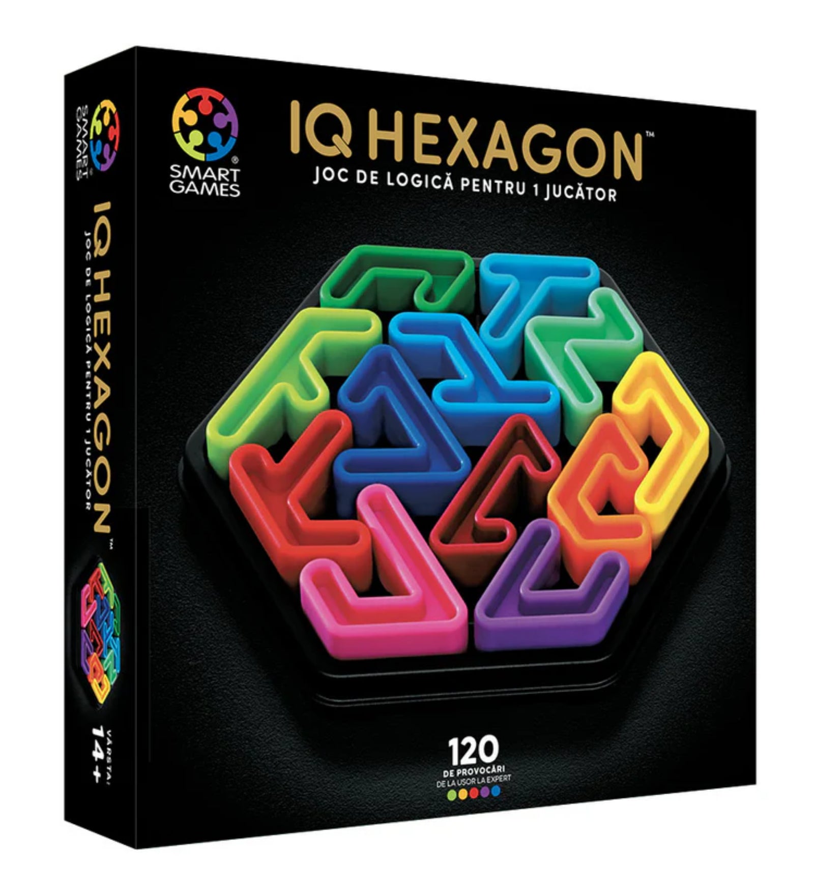 A Smart Games IQ Hexagon logikai játék doboza, hatszög alakú játéktáblával és színes, hajlított elemekkel, 120 kihívással.