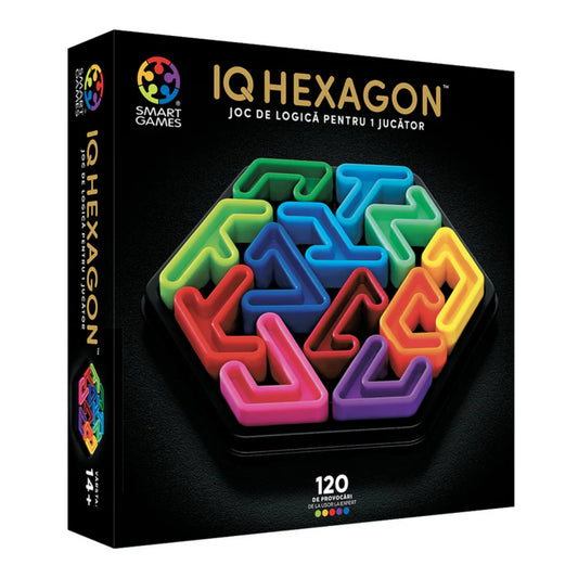 A Smart Games IQ Hexagon logikai játék doboza, hatszög alakú játéktáblával és színes, hajlított elemekkel, 120 kihívással.