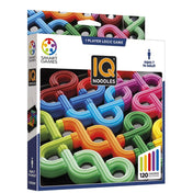 A Smart Games: IQ Noodles logikai játék doboza, amely színes, hajlított formájú elemeket tartalmaz. A játék egyéni kihívásokat kínál, és 120 feladványt tartalmaz különböző nehézségi szinteken.
