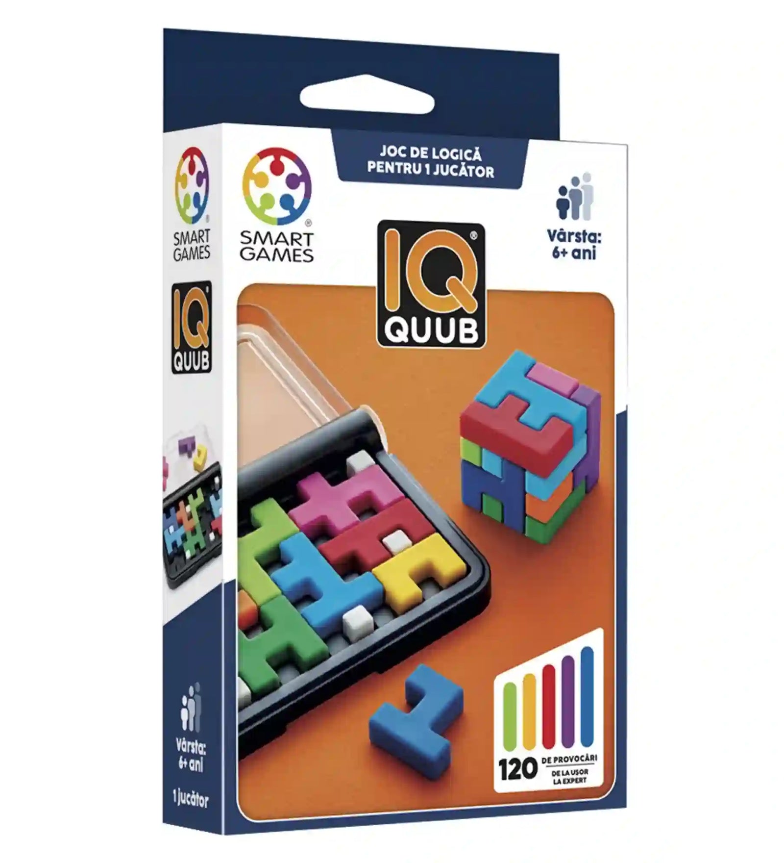 Smart Games IQ Quub logikai játék doboza a hordozható játéktáblával és színes 3D kirakóelemekkel.