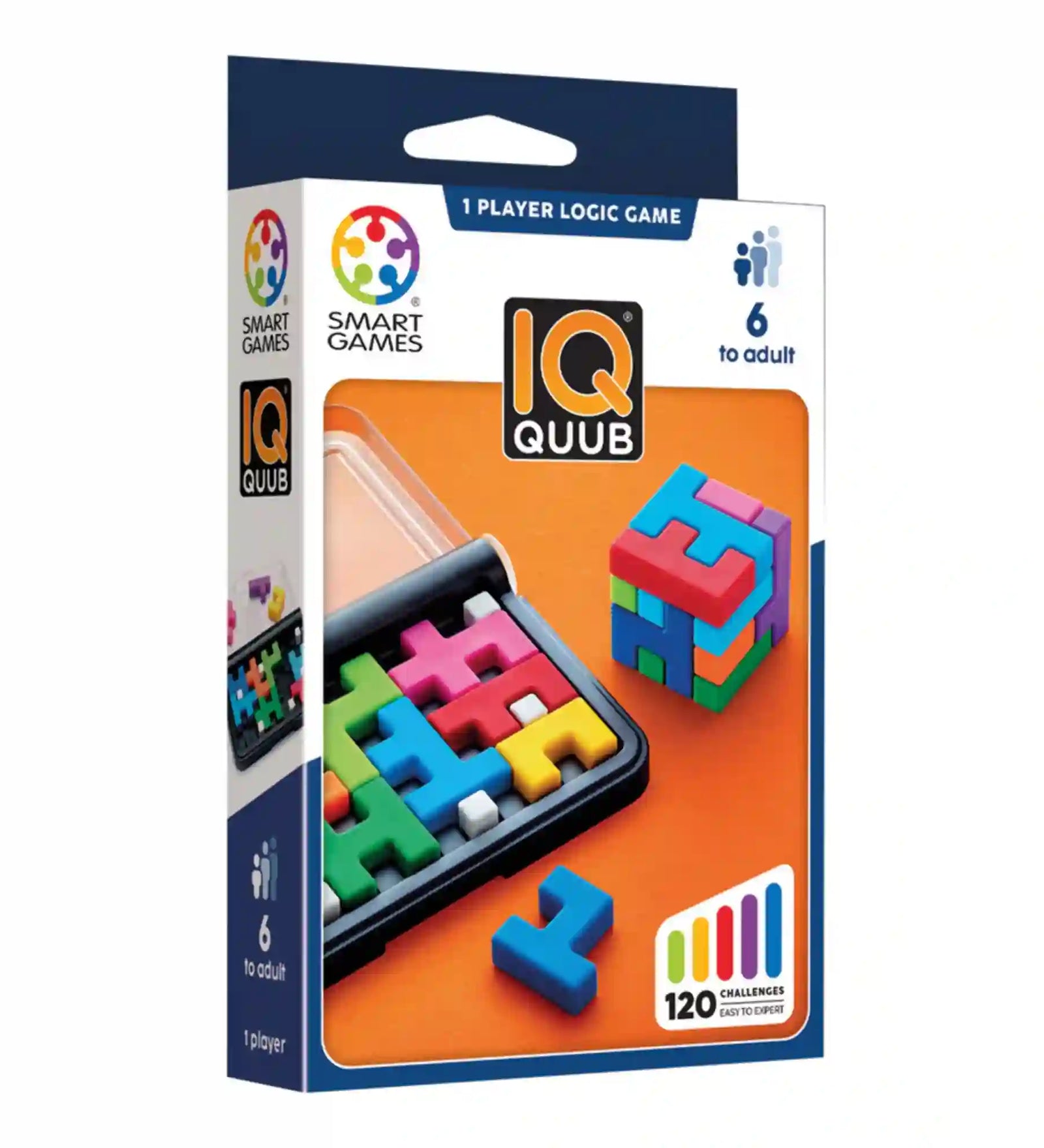 Smart Games IQ Quub logikai játék doboza színes térbeli kirakóelemekkel és egyszemélyes logikai kihívásokkal 6 éves kortól.