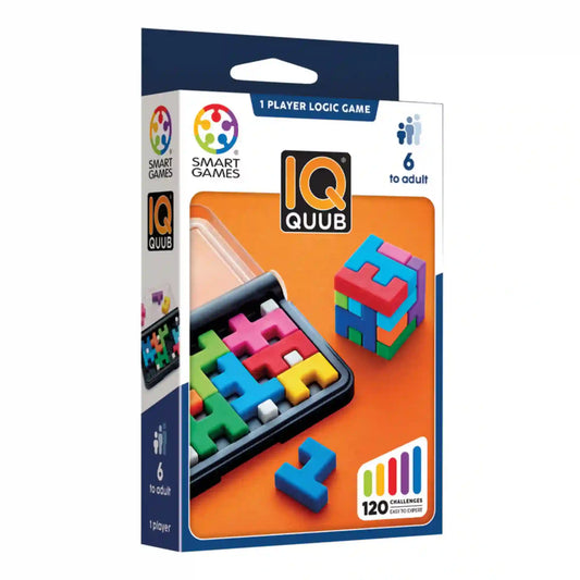 Smart Games IQ Quub logikai játék doboza színes térbeli kirakóelemekkel és egyszemélyes logikai kihívásokkal 6 éves kortól.
