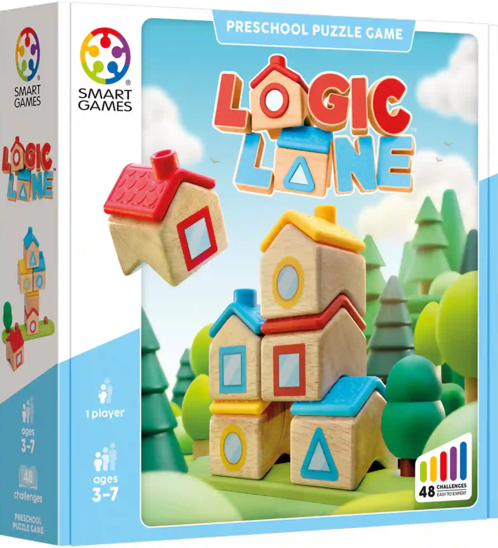Smart Games Logic Lane fejlesztőjáték doboza színes fa házikóelemekkel és logikai építőfeladatokkal óvodások számára.