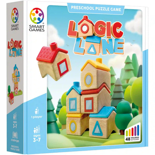 Smart Games Logic Lane fejlesztőjáték doboza színes fa házikóelemekkel és logikai építőfeladatokkal óvodások számára.