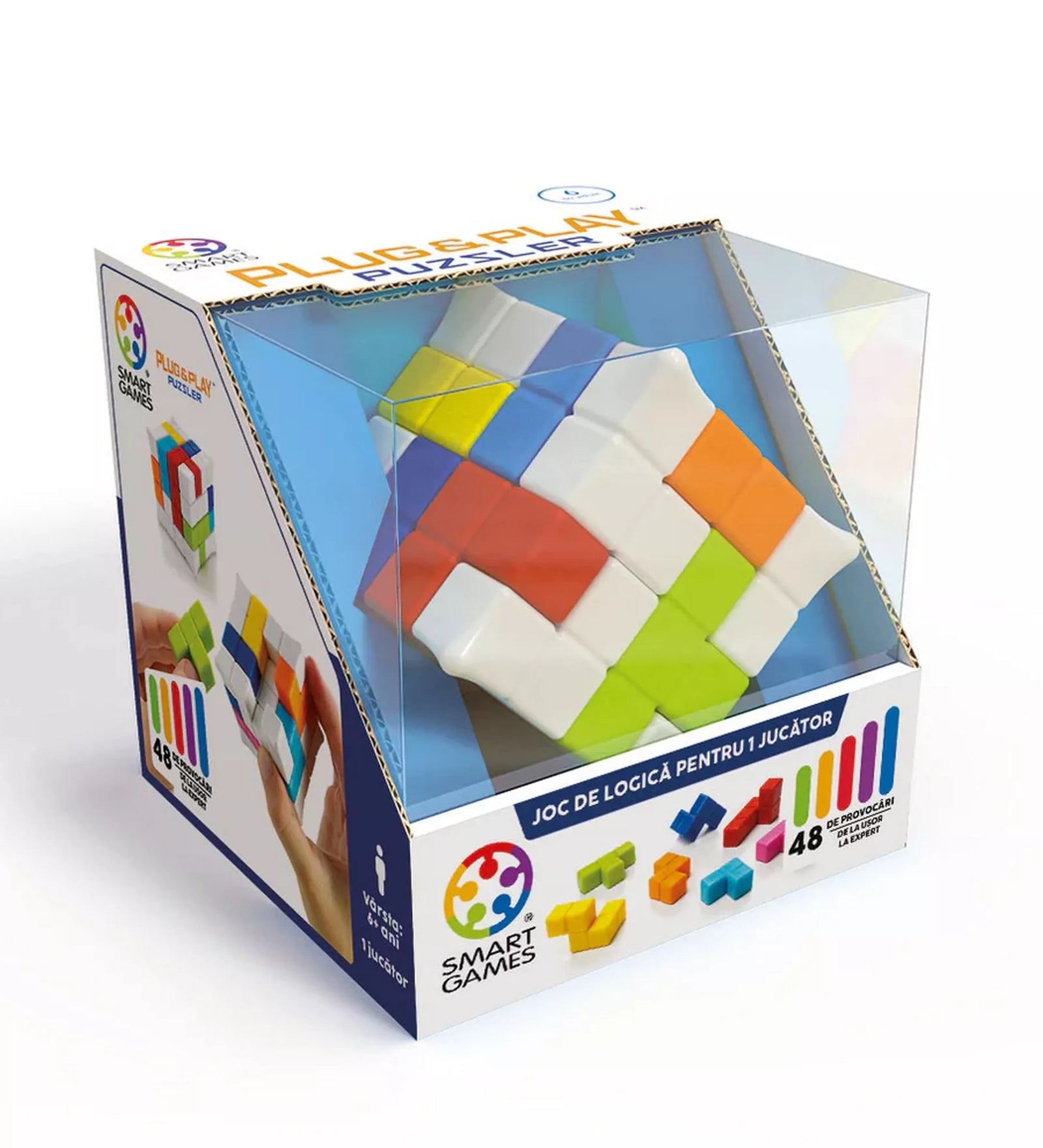 Smart Games Plug & Play Puzzler logikai játék doboza, átlátszó előlap mögött látható a színes 3D puzzle kocka, 48 kihívással, 6 éves kortól ajánlva.