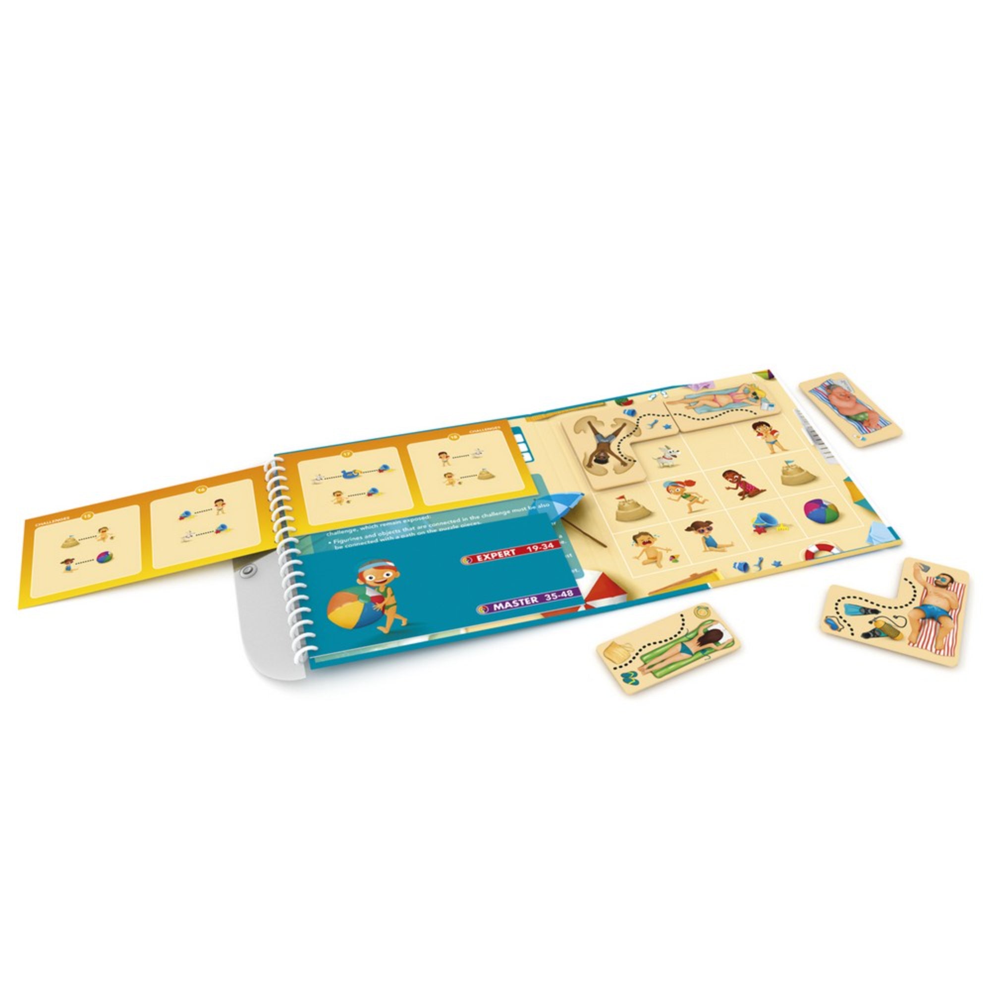 Smart Games Puzzle Beach játéktábla – A mágneses puzzle játék nyitott állapotban, különböző kihívásokkal és elhelyezhető figurákkal a tengerparti jelenetek megoldásához.