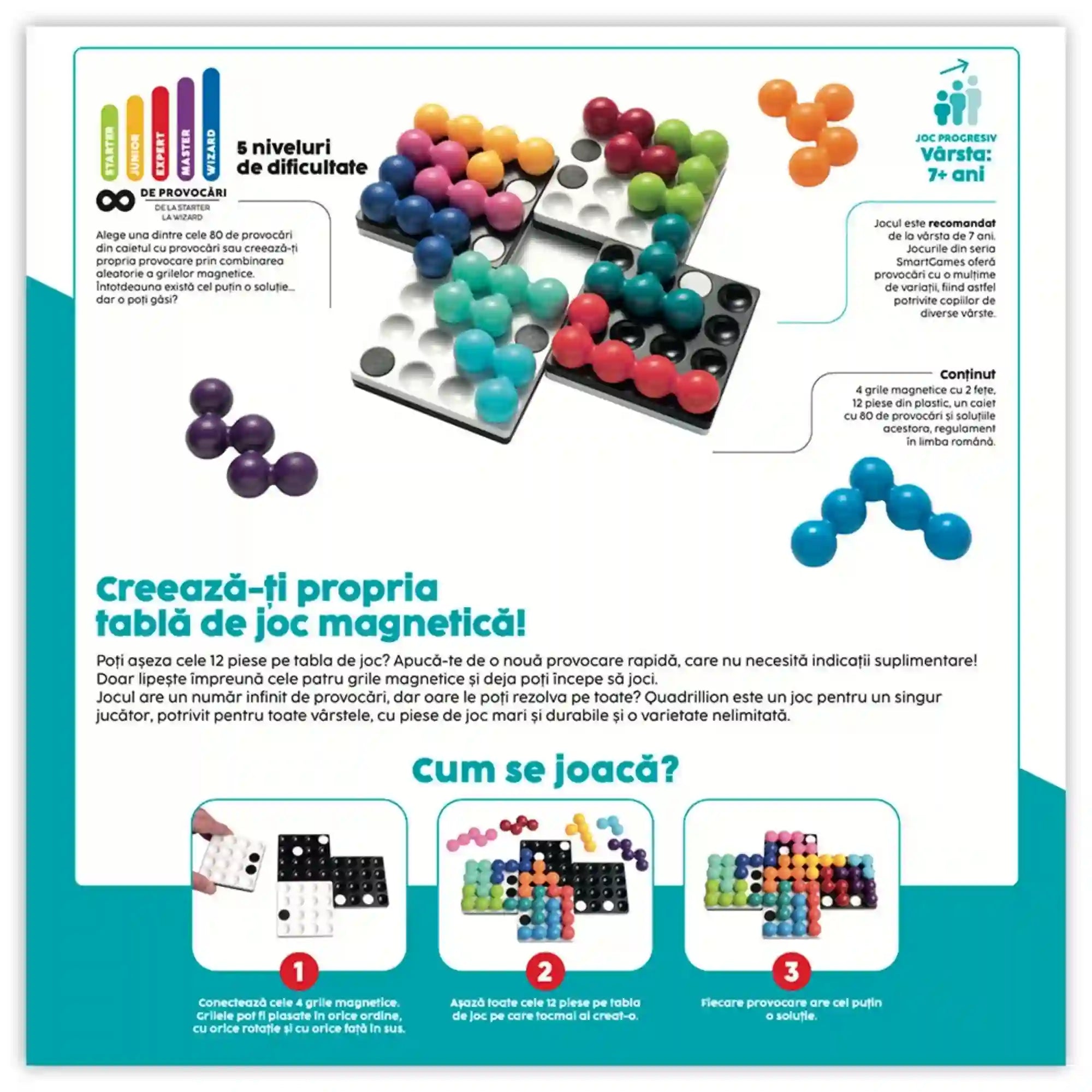 A Smart Games Quadrillion logikai játék hátoldala a játékmenet, a kihívási szintek és a tartalom bemutatásával.