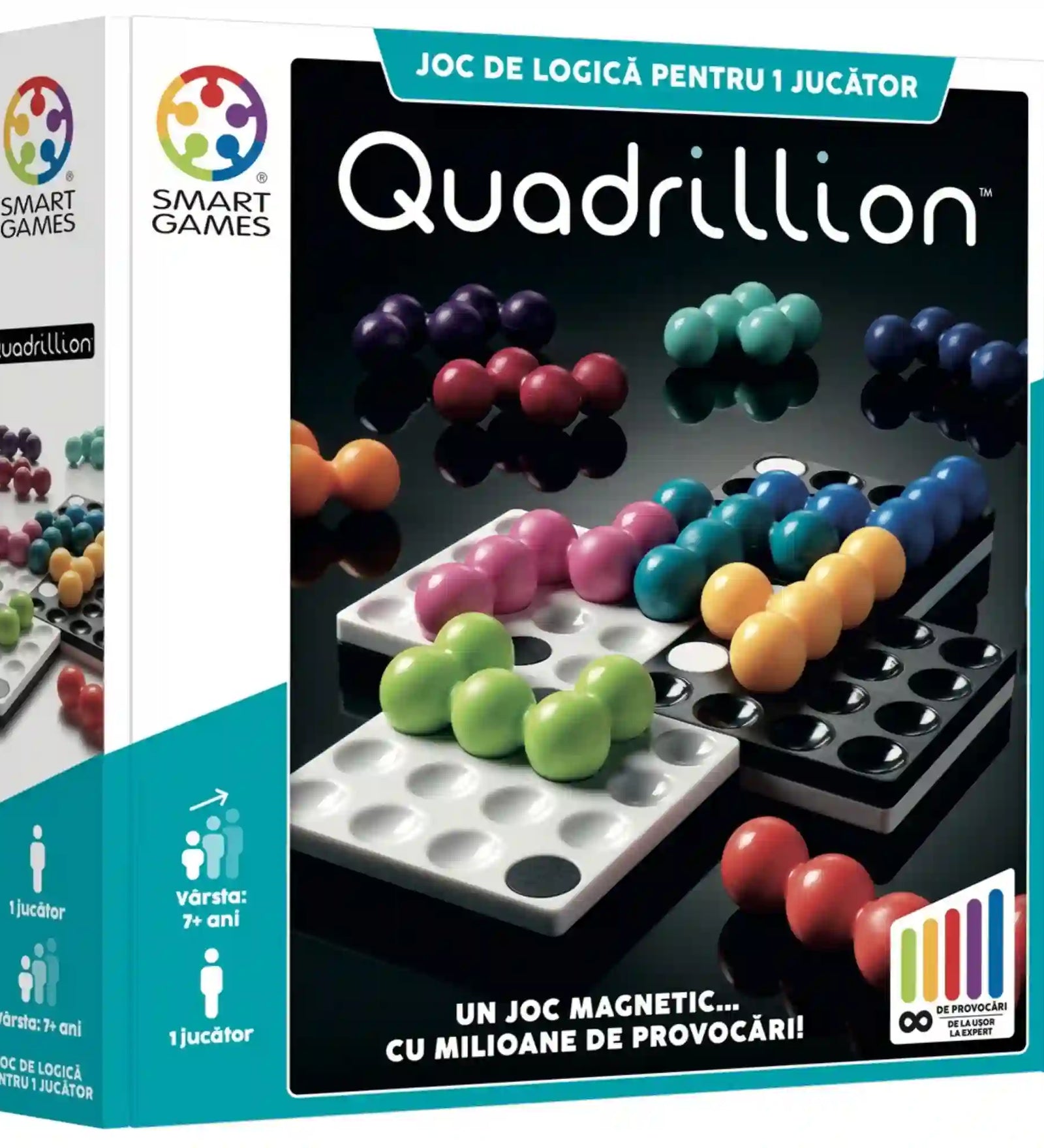 Smart Games Quadrillion logikai játék doboza a mágneses játéktáblával és színes játékelemekkel.