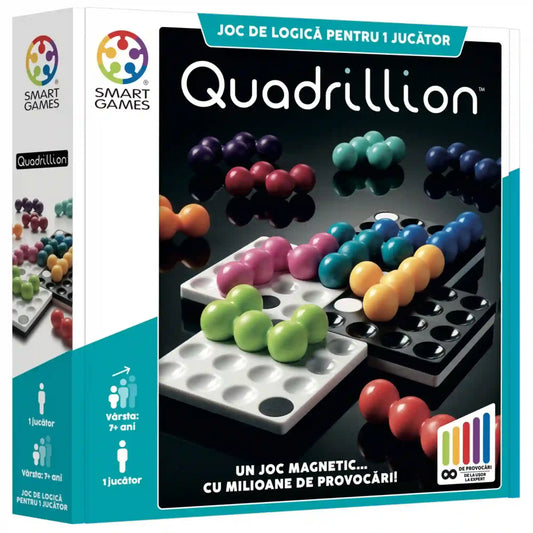 Smart Games Quadrillion logikai játék doboza a mágneses játéktáblával és színes játékelemekkel.