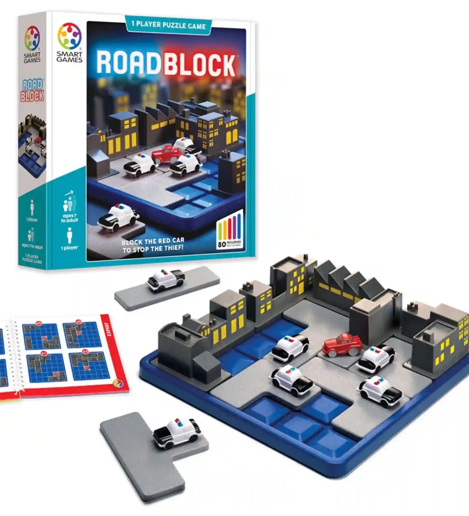 RoadBlock Smart Games logikai játék doboza, játéktáblája rendőrautókkal, piros autóval és feladványfüzettel.