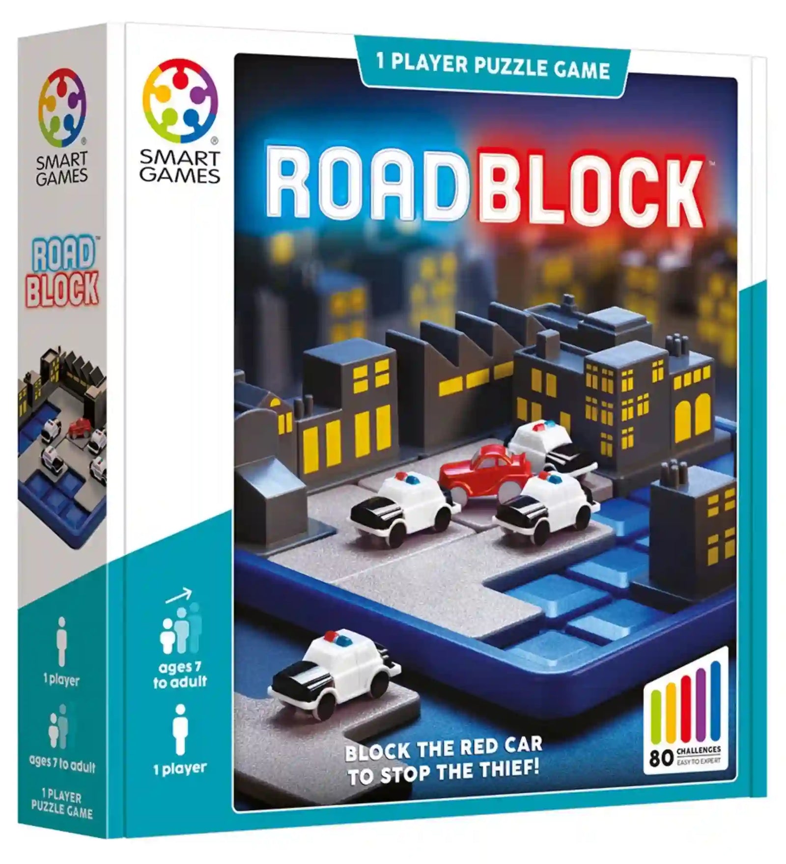 RoadBlock – Smart Games logikai játék doboza, rendőrautókkal és a menekülő piros autóval.