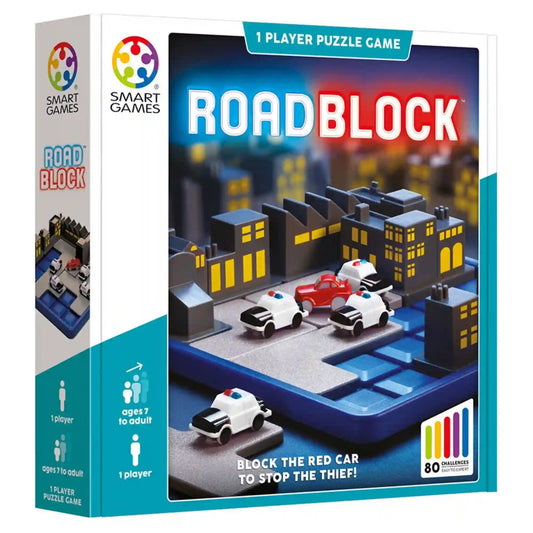 RoadBlock – Smart Games logikai játék doboza, rendőrautókkal és a menekülő piros autóval.
