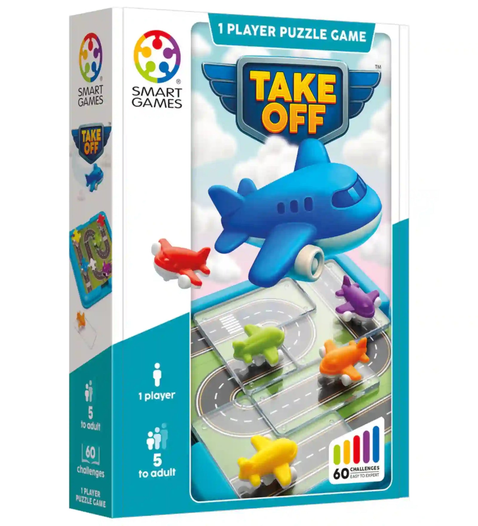 Smart Games Take Off társasjáték doboza színes repülőgépekkel és egyszemélyes logikai feladatokkal 5 éves kortól.
