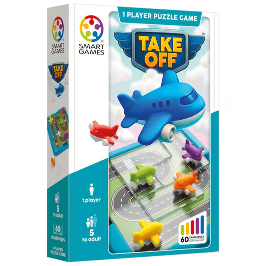 Smart Games Take Off társasjáték doboza színes repülőgépekkel és egyszemélyes logikai feladatokkal 5 éves kortól.
