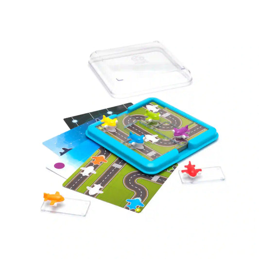 Smart Games Take Off puzzle játék feladványkártyákkal, hordozható táblával és repülőgépes logikai kihívásokkal.