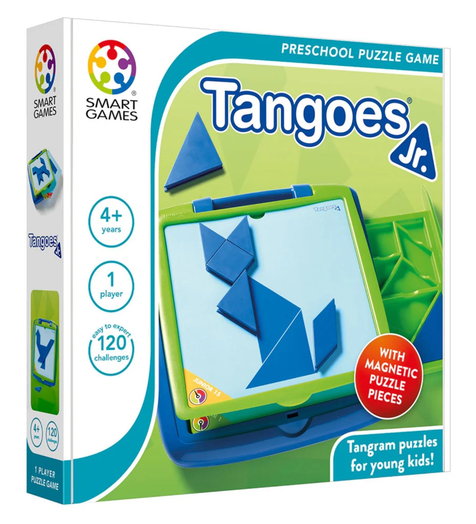A képen a Tangoes Junior logikai játék doboza látható, amelyet a Smart Games készített. A doboz színes, figyelemfelkeltő dizájnnal rendelkezik, főként zöld és kék árnyalatok dominálnak. A középen elhelyezkedő tábla mágneses tangram elemeket tartalmaz, amelyek segítségével a gyerekek különféle formákat és állatokat rakhatnak ki. A bal oldalon található ikonok alapján megtudjuk, hogy a játék 4 éves kortól ajánlott, egy játékos számára készült, és 120 kihívást tartalmaz. 