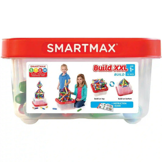 SmartMax Build XXL mágneses építőjáték doboz, 70 darabos készlettel, ahol gyerekek színes rudakból és golyókból építenek.