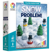 Snow Problem logikai társasjáték doboza a Smart Games-től, hóemberekkel, fenyőkkel és havas tájjal illusztrált előlap, 80 kihívással