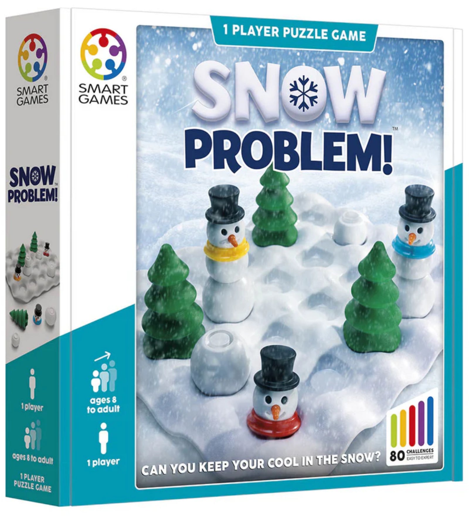 Snow Problem logikai társasjáték doboza a Smart Games-től, hóemberekkel, fenyőkkel és havas tájjal illusztrált előlap, 80 kihívással