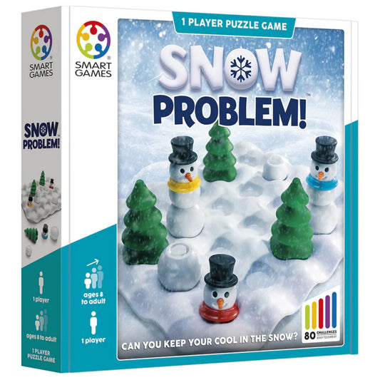 Snow Problem logikai társasjáték doboza a Smart Games-től, hóemberekkel, fenyőkkel és havas tájjal illusztrált előlap, 80 kihívással