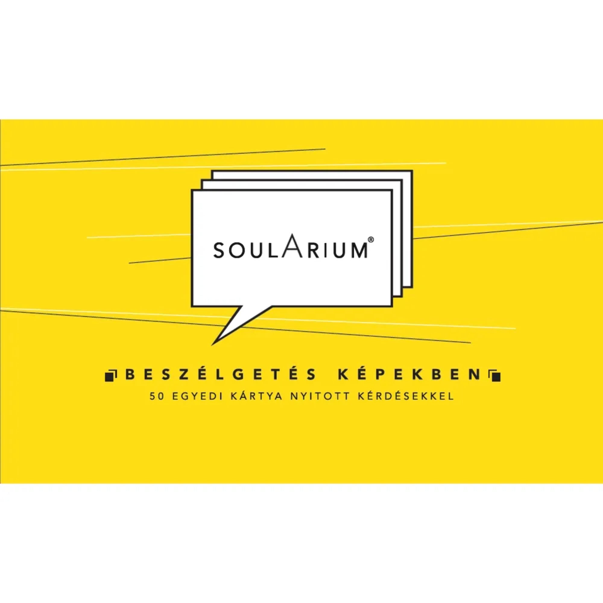 Soularium beszélgetős kártyajáték doboza sárga háttérrel, felirattal: Beszélgetés képekben – 50 egyedi kártya nyitott kérdésekkel.