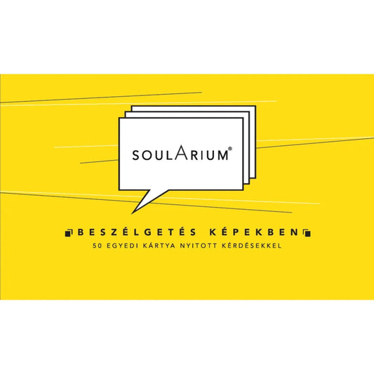 Soularium beszélgetős kártyajáték doboza sárga háttérrel, felirattal: Beszélgetés képekben – 50 egyedi kártya nyitott kérdésekkel.