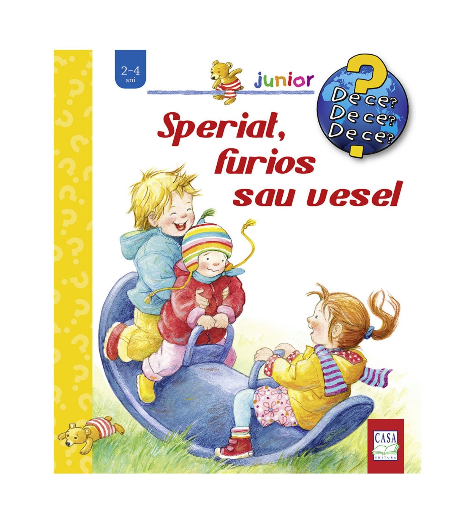 „Speriat, furios sau vesel – gyerekkönyv borító, amelyen három kisgyerek játszik hintajátékon a fűben, vidám arckifejezésekkel.”