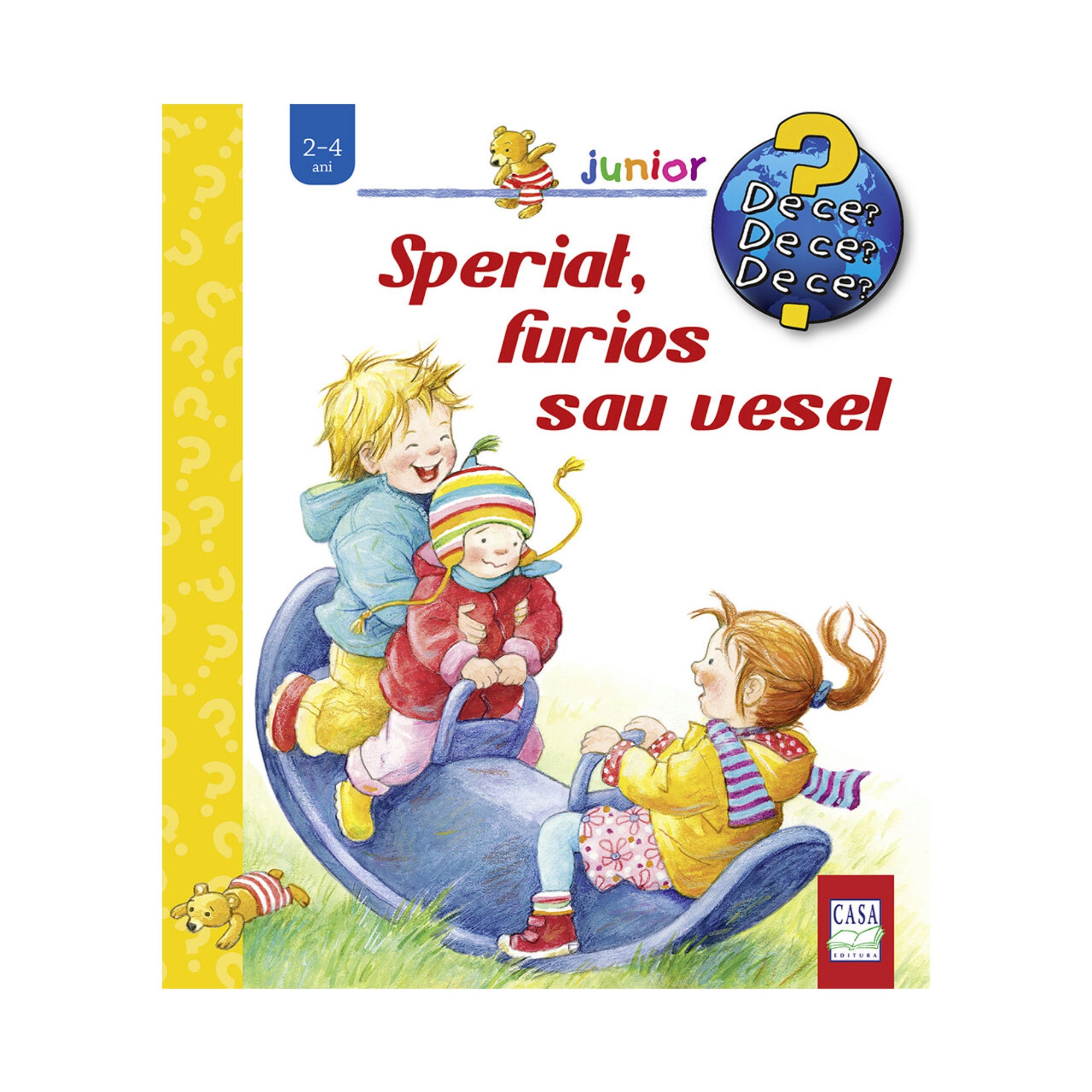 „Speriat, furios sau vesel – gyerekkönyv borító, amelyen három kisgyerek játszik hintajátékon a fűben, vidám arckifejezésekkel.”