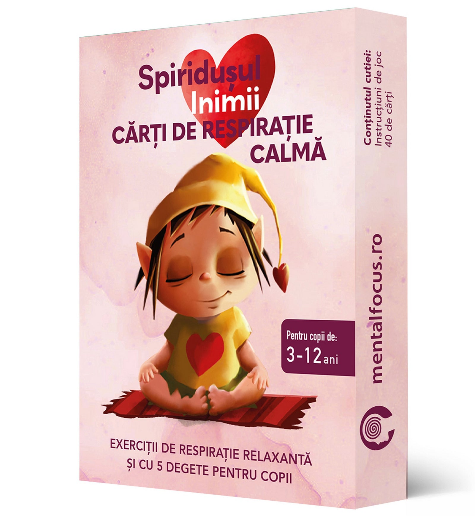 Spiridușul Inimii – Cărți de respirație calmă doboza meditáló manóval, légzőgyakorlatokat segítő kártyákkal 3–12 éves gyerekeknek.