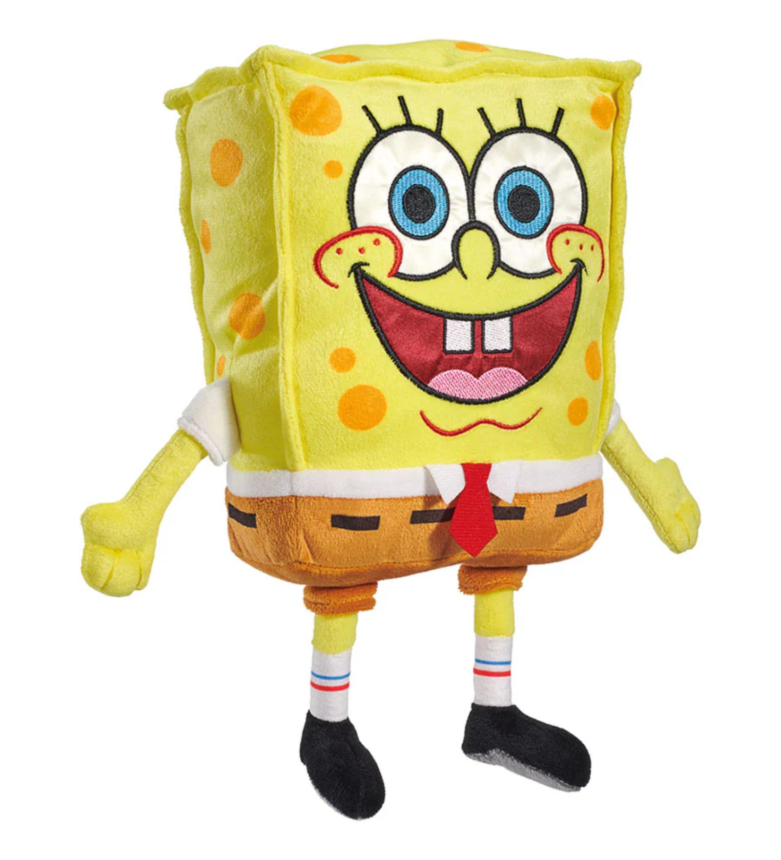 Schmidt Spiele SpongeBob SquarePants plüssfigura – mosolygó SpongyaBob plüssfigura oldalnézetből, puha sárga anyagból, barna nadrággal és fekete cipővel.