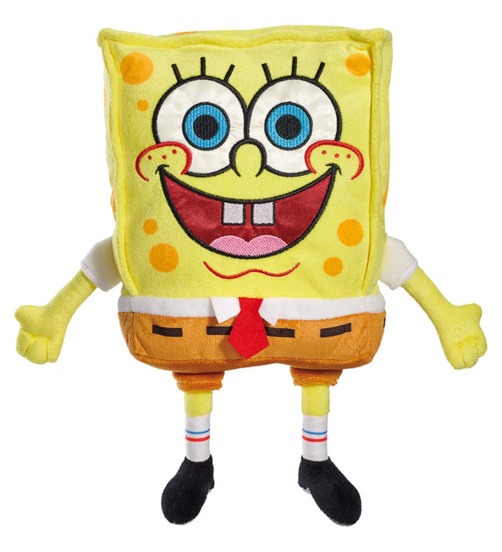 Schmidt Spiele SpongeBob SquarePants plüssfigura – vidám, sárga SpongyaBob plüss piros nyakkendővel, barna nadrágban, kék szemekkel, elölnézetben fehér háttéren.