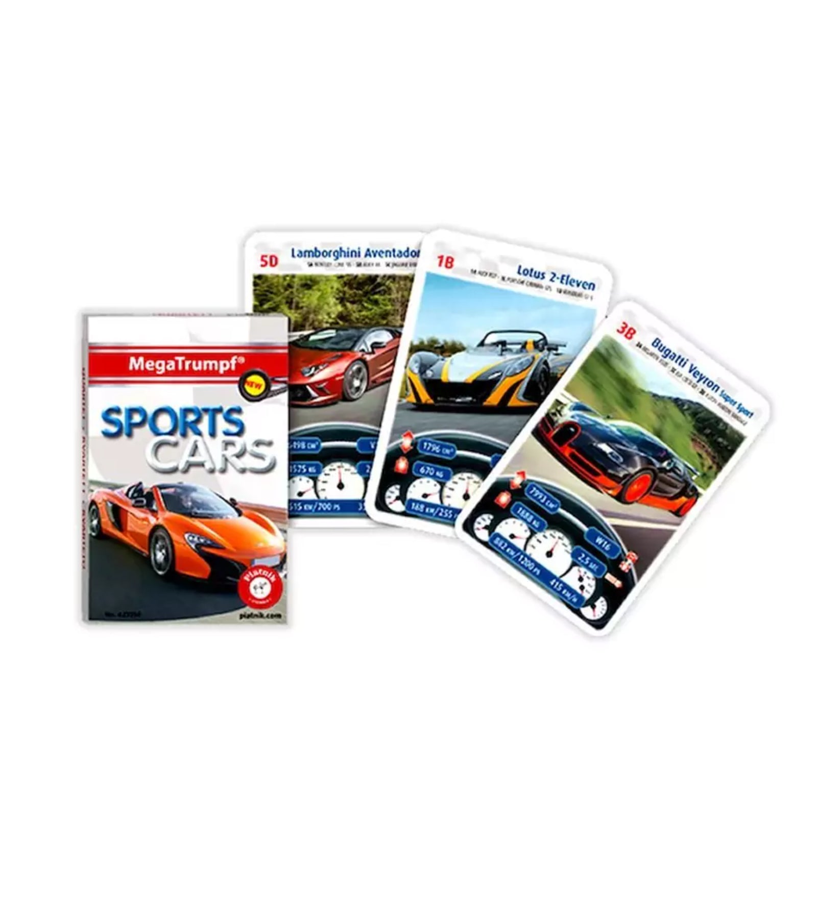A képen a MegaTrumpf® „SPORTS CARS” kvartett kártyajáték látható kibontott állapotban. A doboz borítóján egy narancssárga sportautó, míg a mellette elhelyezett kártyalapokon különböző legendás modellek tűnnek fel: Lamborghini Aventador, Lotus 2-Eleven és Bugatti Veyron Super Sport. A lapokon részletes technikai adatok szerepelnek, például lökettérfogat, teljesítmény, végsebesség és gyorsulás.
