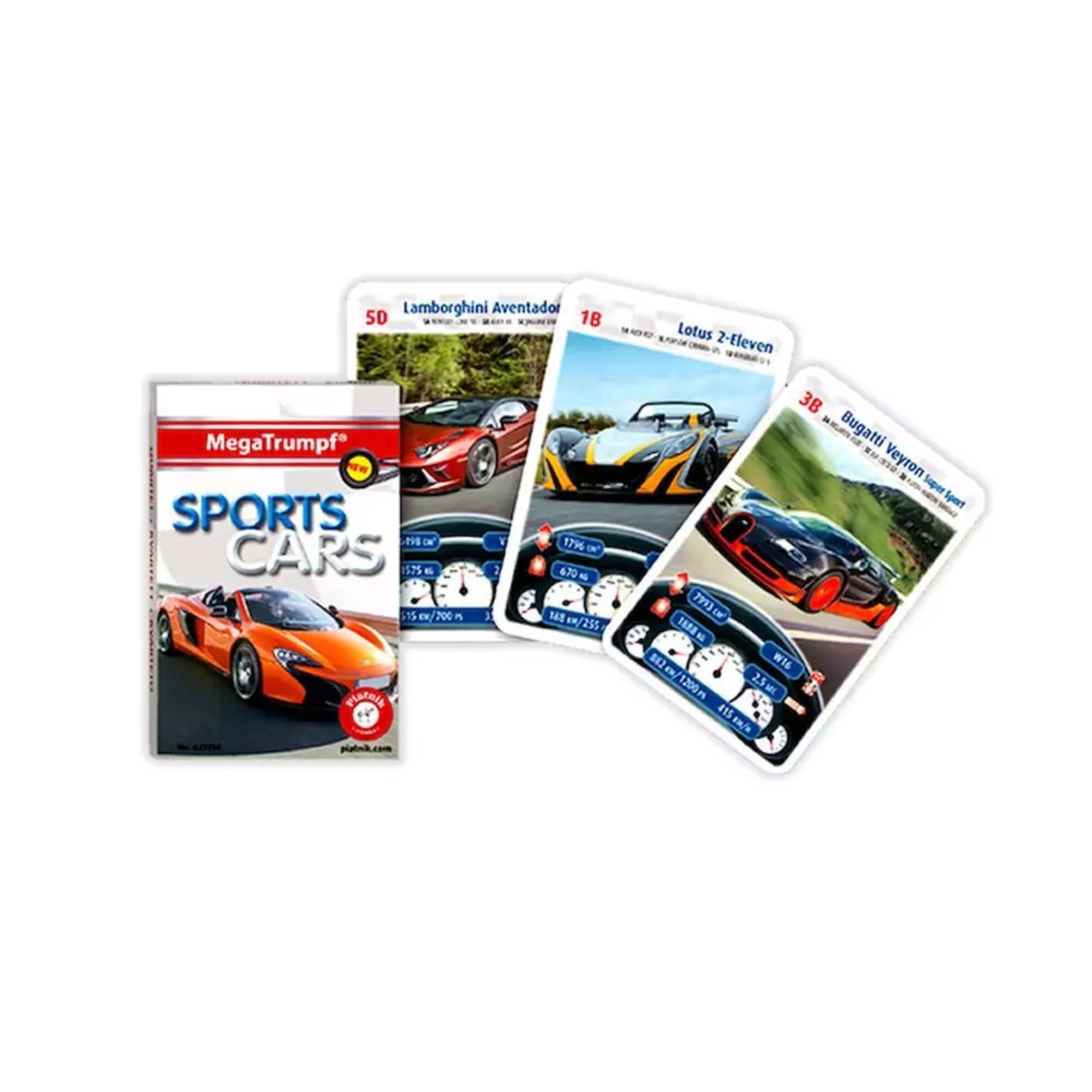 A képen a MegaTrumpf® „SPORTS CARS” kvartett kártyajáték látható kibontott állapotban. A doboz borítóján egy narancssárga sportautó, míg a mellette elhelyezett kártyalapokon különböző legendás modellek tűnnek fel: Lamborghini Aventador, Lotus 2-Eleven és Bugatti Veyron Super Sport. A lapokon részletes technikai adatok szerepelnek, például lökettérfogat, teljesítmény, végsebesség és gyorsulás.