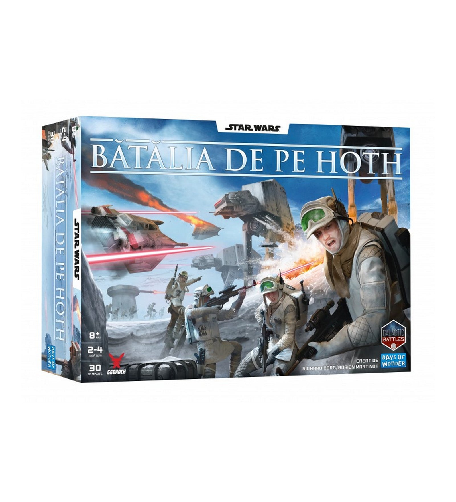 Star Wars: Bătălia de pe Hoth társasjáték doboza, ikonikus hothi csatajelenettel, AT-AT lépegetőkkel és lázadó katonákkal.