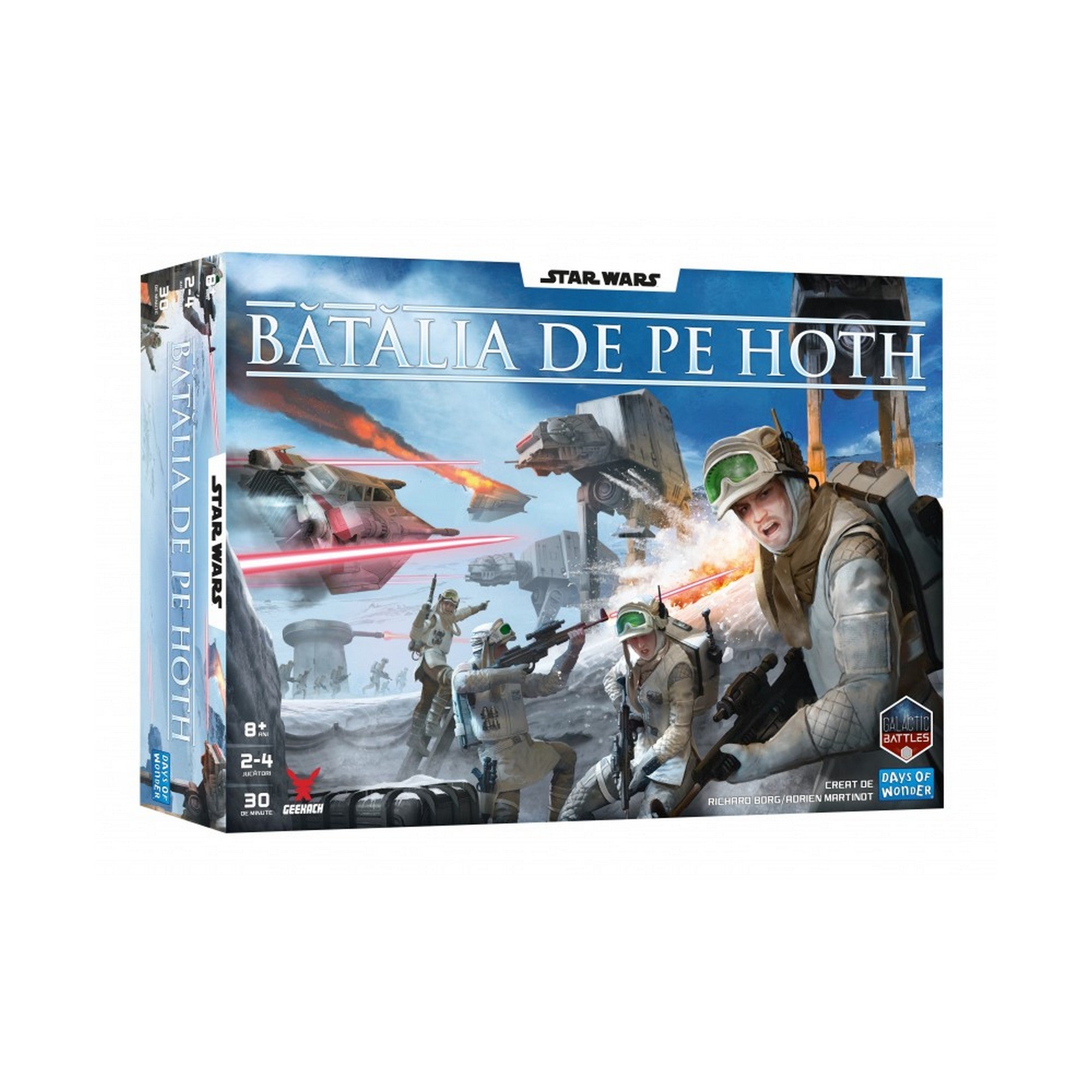 Star Wars: Bătălia de pe Hoth társasjáték doboza, ikonikus hothi csatajelenettel, AT-AT lépegetőkkel és lázadó katonákkal.