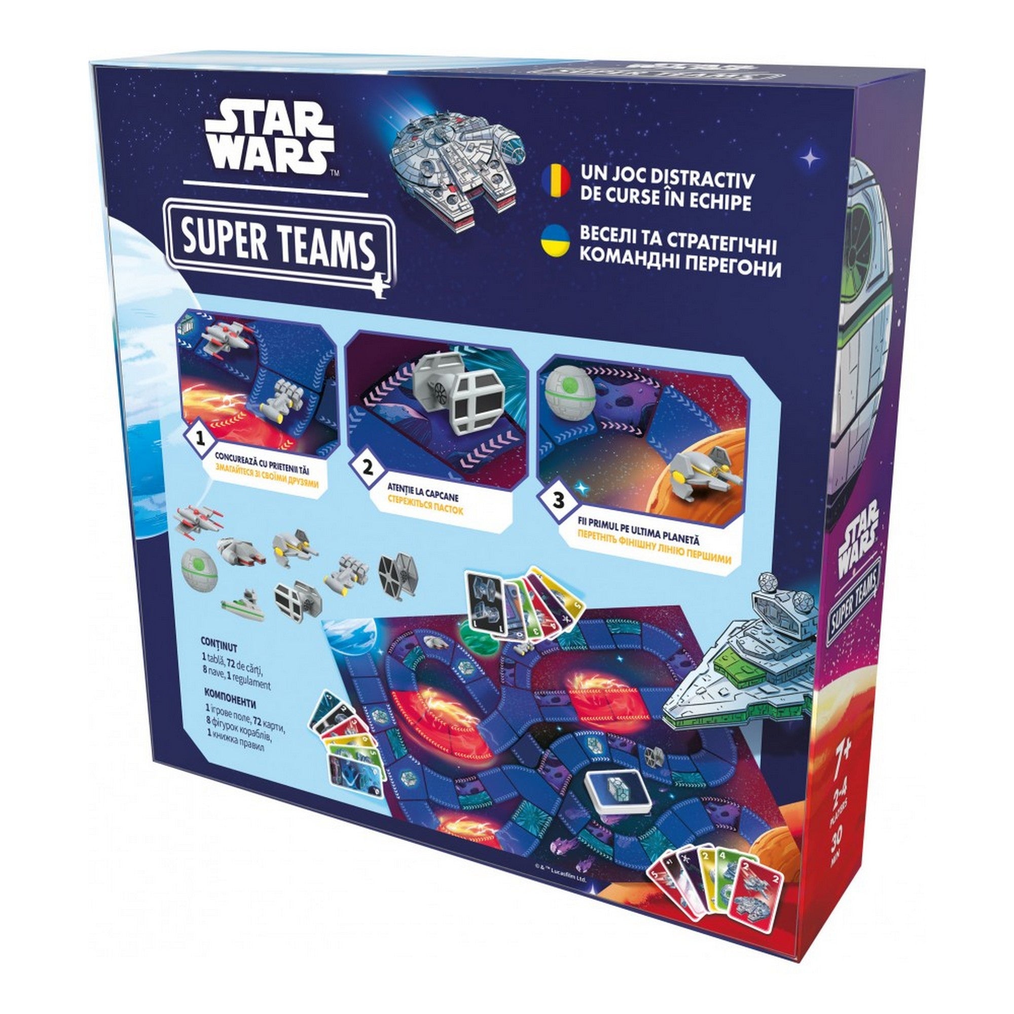 Star Wars Super Teams társasjáték hátoldali doboza, játékmenet-bemutatóval, pályarészletekkel és kártyákkal.