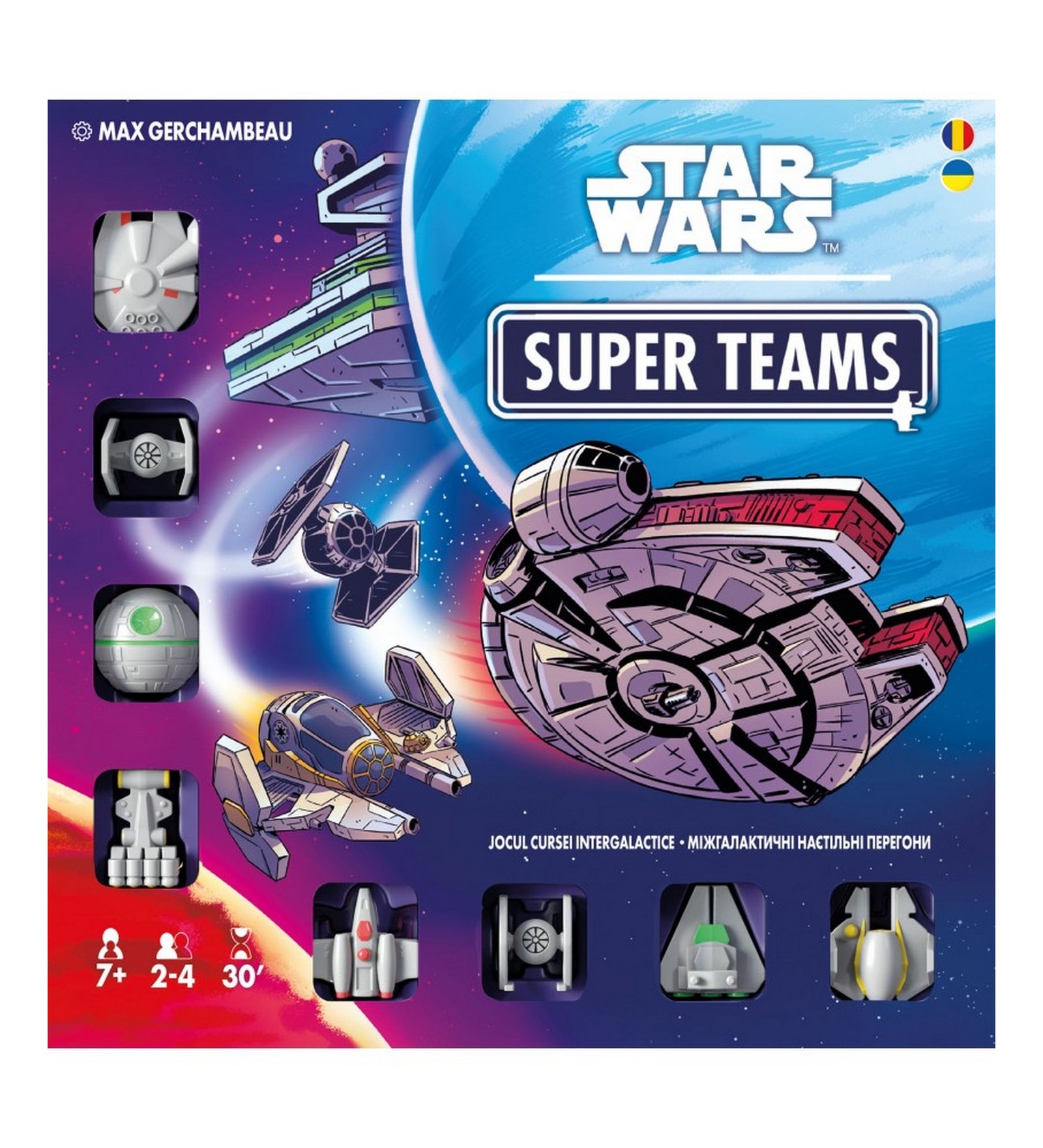 Star Wars Super Teams társasjáték előlapi doboza, űrhajós illusztrációkkal és Star Wars grafikával.