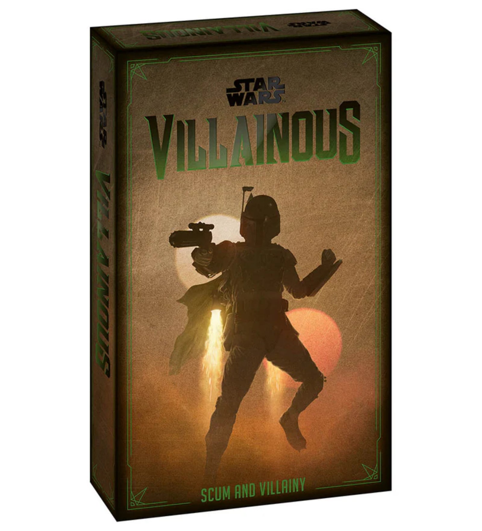 A képen a Star Wars: Villainous – Scum and Villainy társasjáték doboza látható. A doboz előlapján a híres fejvadász, Boba Fett sziluettje szerepel, amint épp jetpackjével a levegőbe emelkedik, egyik kezében fegyverrel. A háttérben a Tatuin bolygó ikonikus kettős naplementéje sejlik fel, ami a Star Wars univerzum rajongói számára azonnal felismerhető jelenet. A doboz zöld keretezést kapott, ami a Villainous sorozatra jellemző stíluselem. 