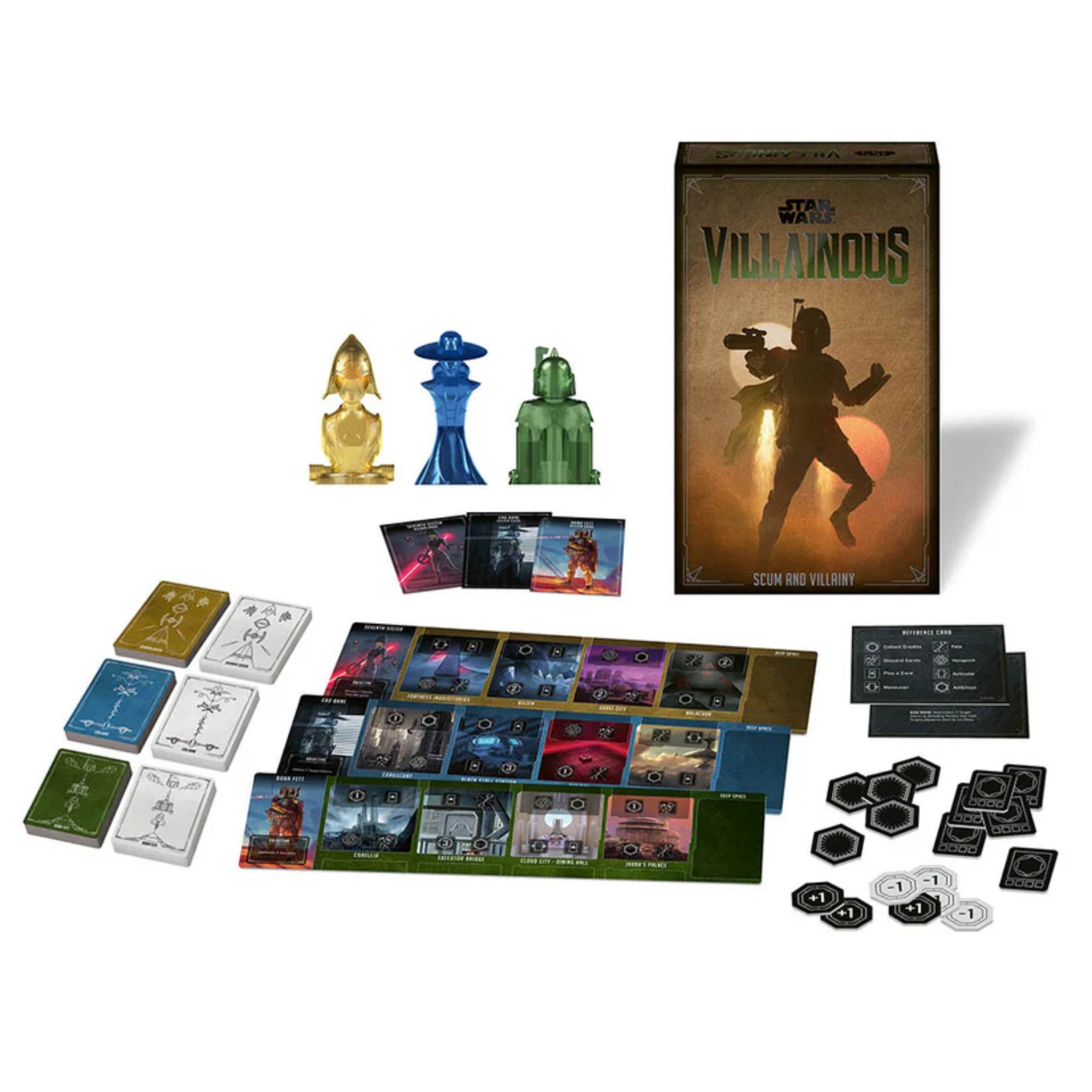 A képen a Star Wars: Villainous – Scum and Villainy társasjáték tartozékai láthatók kibontva. A doboz mellett három ikonikus, áttetsző műanyagból készült figura szerepel: Boba Fett zöldben, Cad Bane kékben és Leia hercegnő aranyszínű bűnözői alakban (valószínűleg egy alternatív karakter vagy kiegészítőből).

Az asztalon kártyapaklik, karakterlapok, különféle helyszíntáblák (mint például Cloud City, Coruscant, Tatooine) és egy halom jelzőlapka (hatás, pont, erőforrás stb.) terül el. 