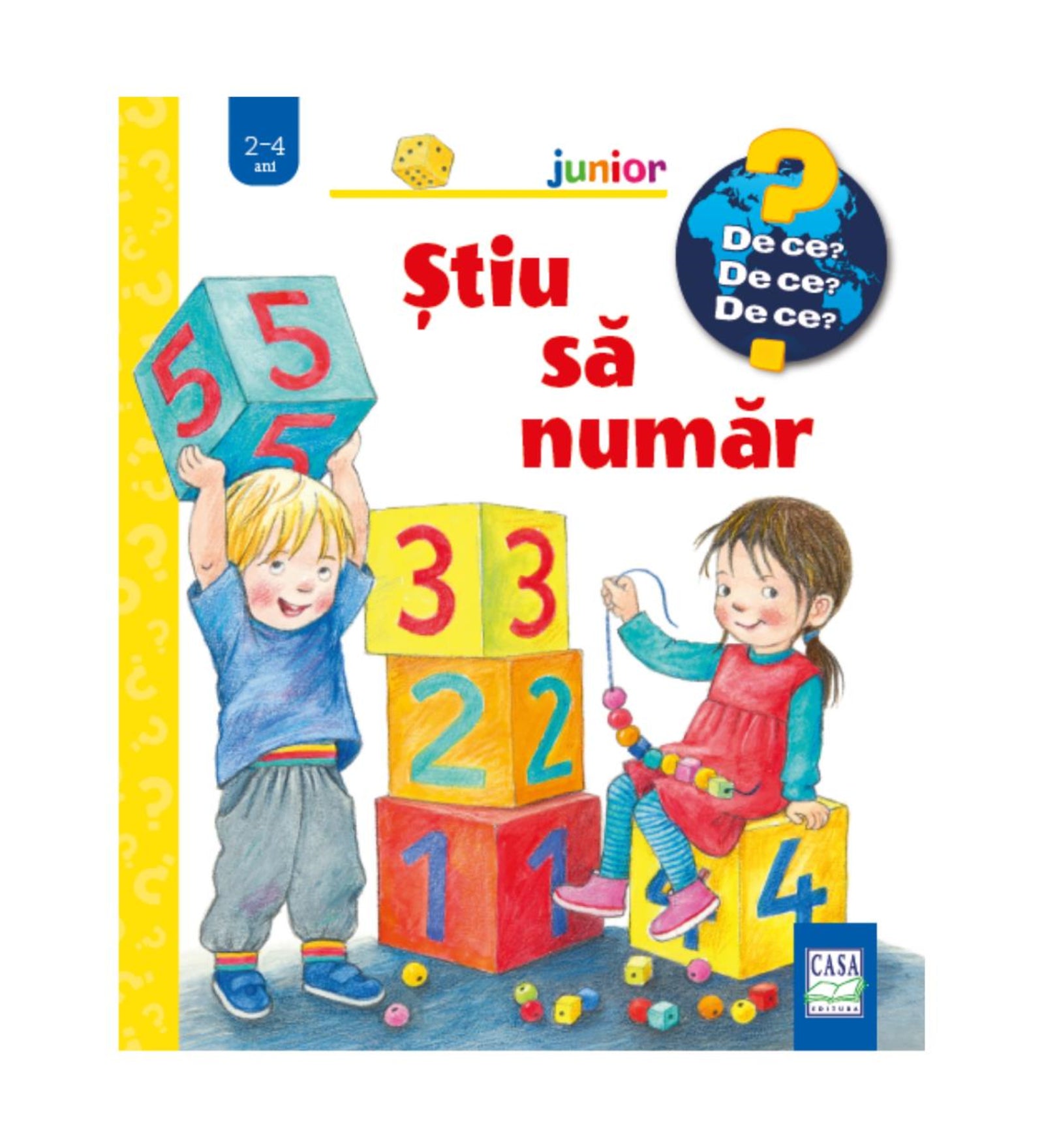 Știu să număr – gyerekkönyv borító, amelyen egy kisfiú számos kockákat rak egymásra, miközben egy kislány gyöngyöket fűz sorba, játékos számolással.