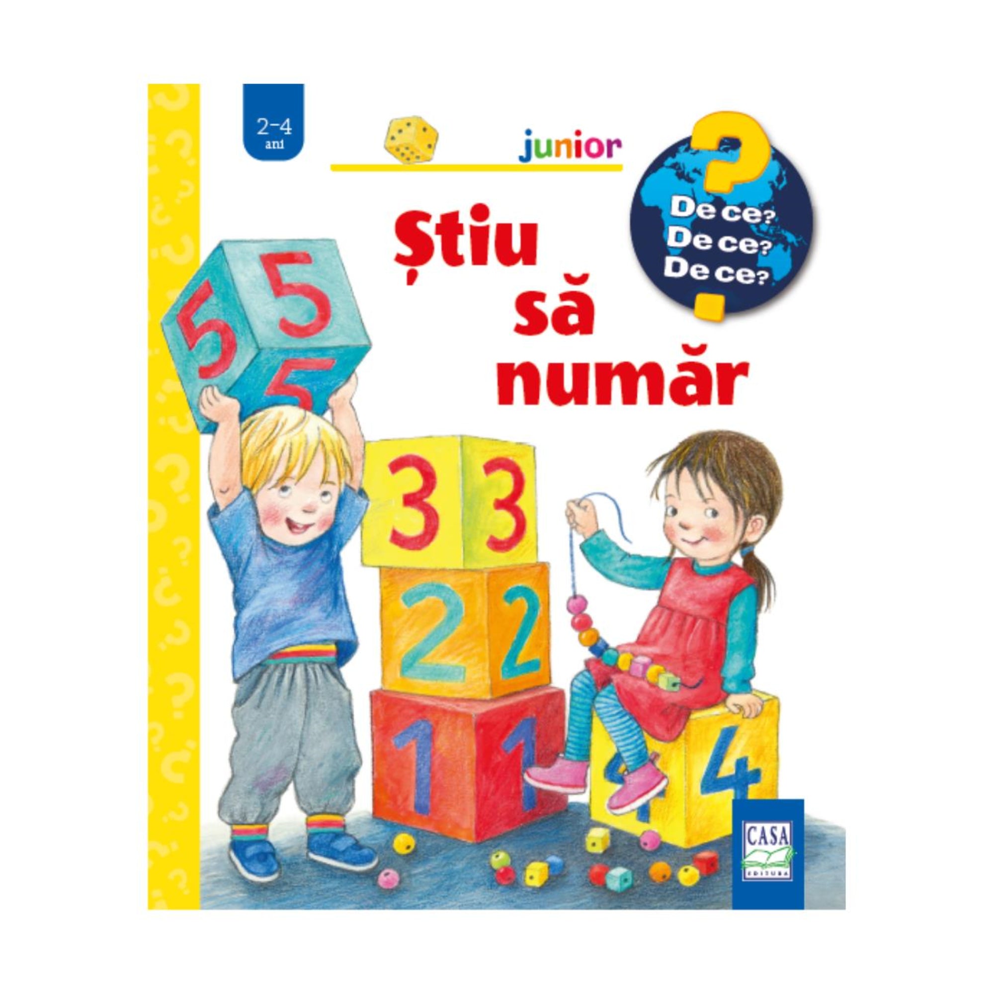 Știu să număr – gyerekkönyv borító, amelyen egy kisfiú számos kockákat rak egymásra, miközben egy kislány gyöngyöket fűz sorba, játékos számolással.