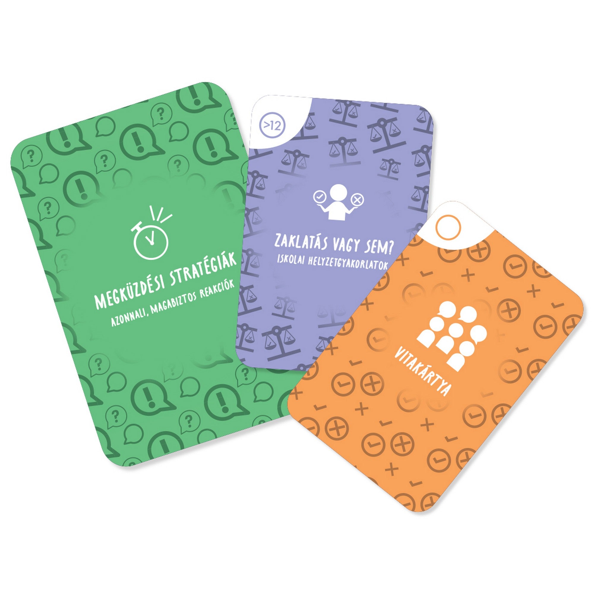 STOP! Bántalmazás játékkártyák hátlapjai: vitakártya, zaklatás vagy sem és megküzdési stratégiák kategóriák.