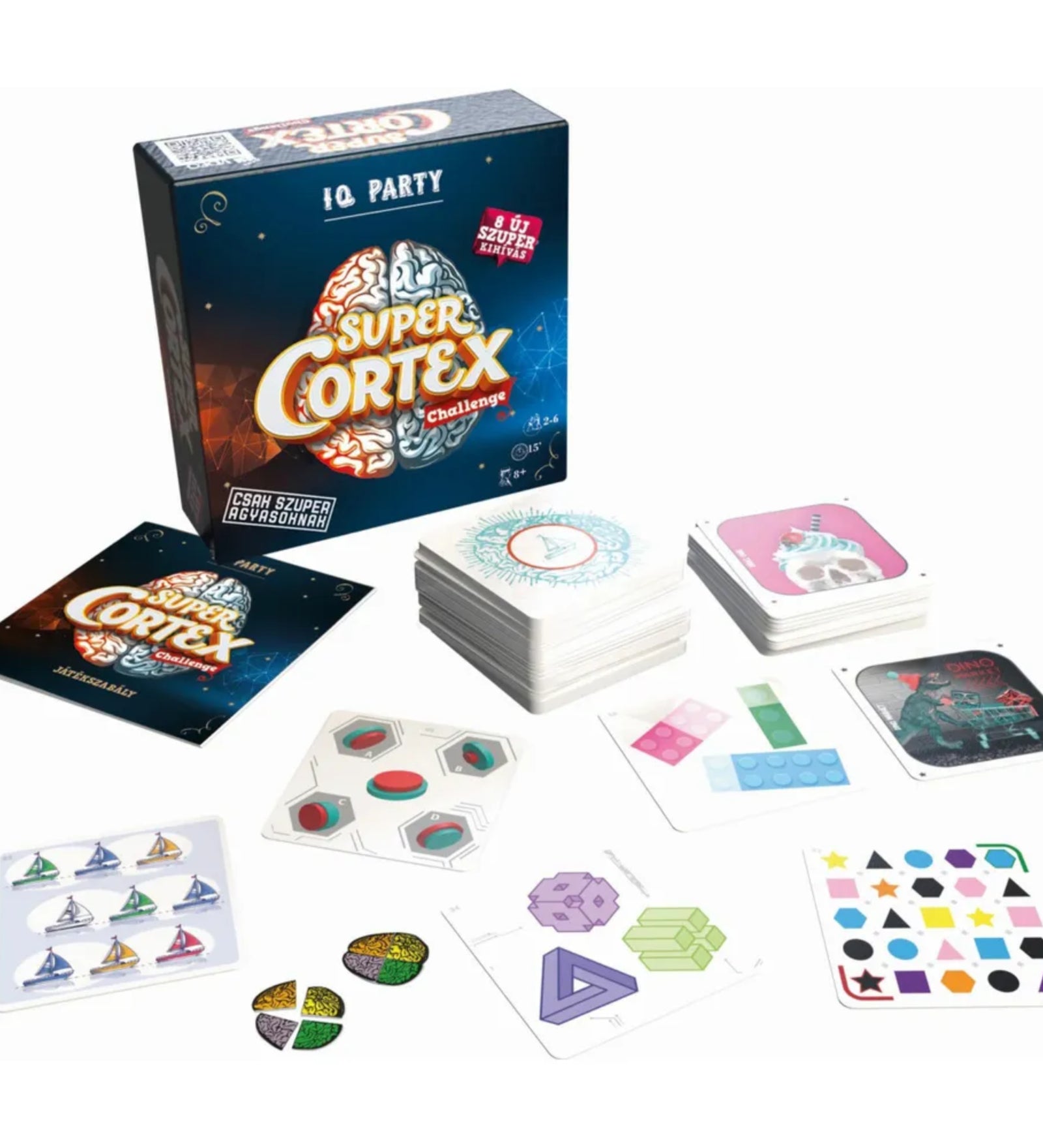 Super Cortex Challenge – IQ Party társasjáték teljes tartalma kiterítve – feladatkártyák, agy kirakóelemek, játékszabály és különféle logikai kihívások.