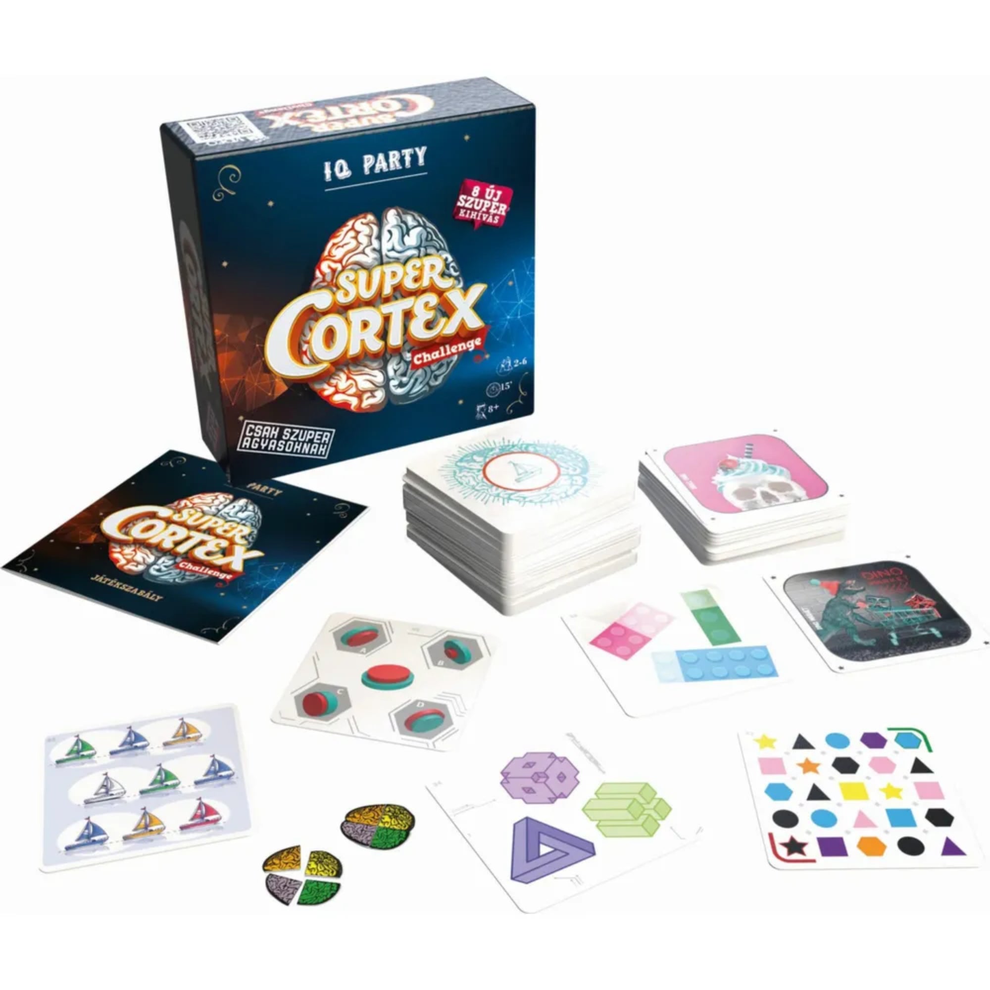 Super Cortex Challenge – IQ Party társasjáték teljes tartalma kiterítve – feladatkártyák, agy kirakóelemek, játékszabály és különféle logikai kihívások.