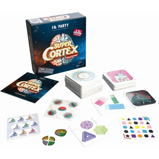 Super Cortex Challenge – IQ Party társasjáték teljes tartalma kiterítve – feladatkártyák, agy kirakóelemek, játékszabály és különféle logikai kihívások.