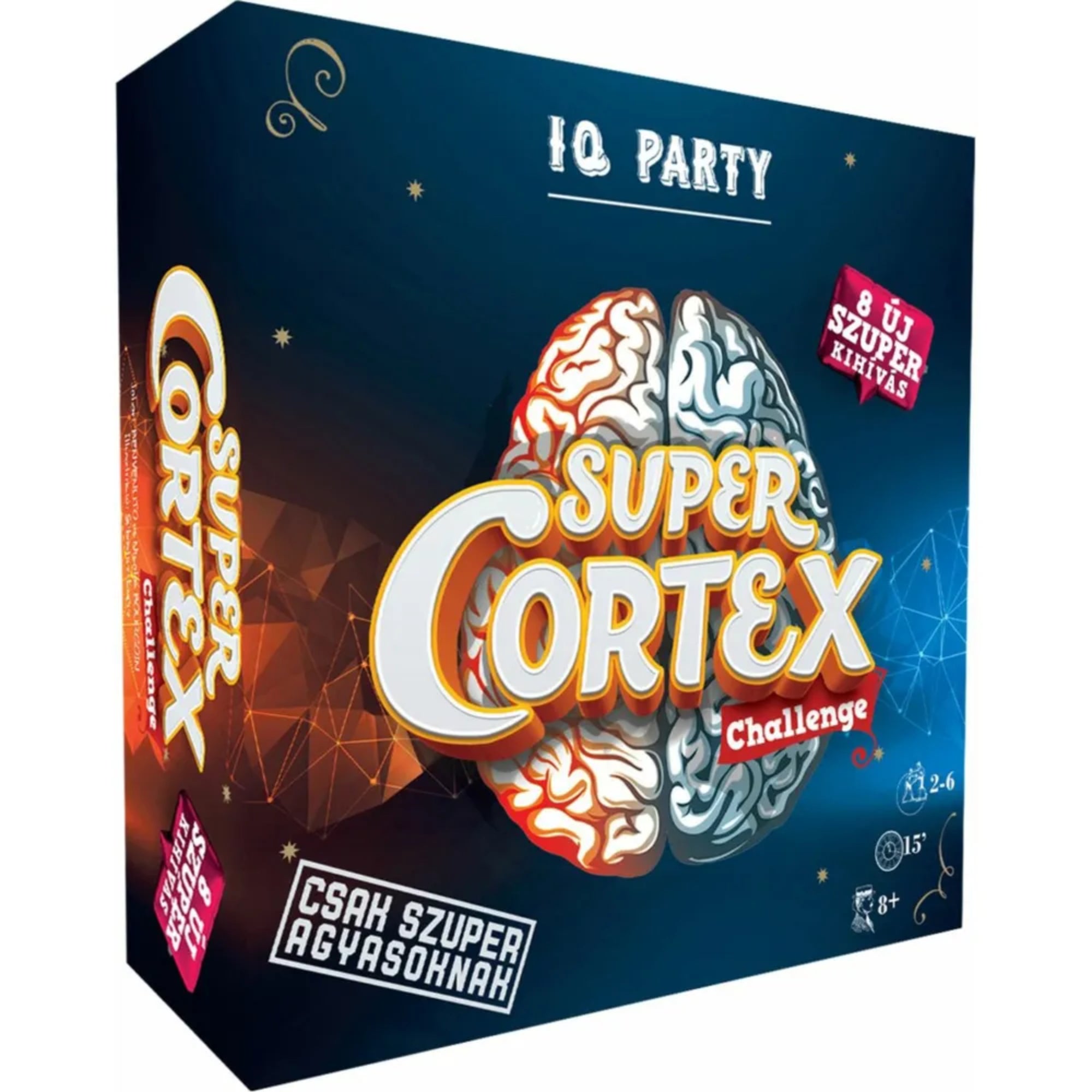 Super Cortex Challenge – IQ Party társasjáték doboza, agy grafikával és „8 új szuper kihívás” felirattal, 2–6 játékos részére.